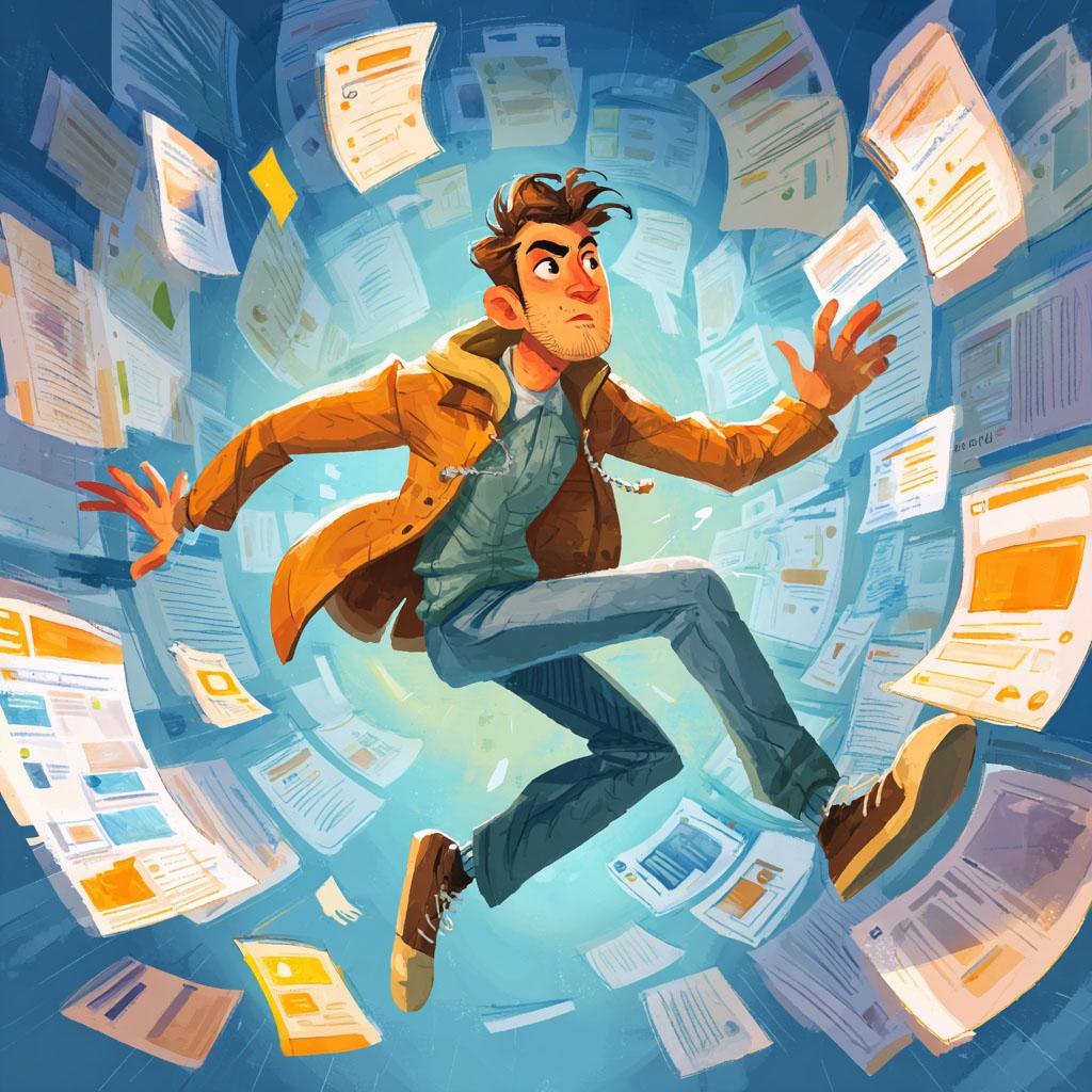 Developer frantically jumping between different app ideas, surrounded by abandoned prototypes